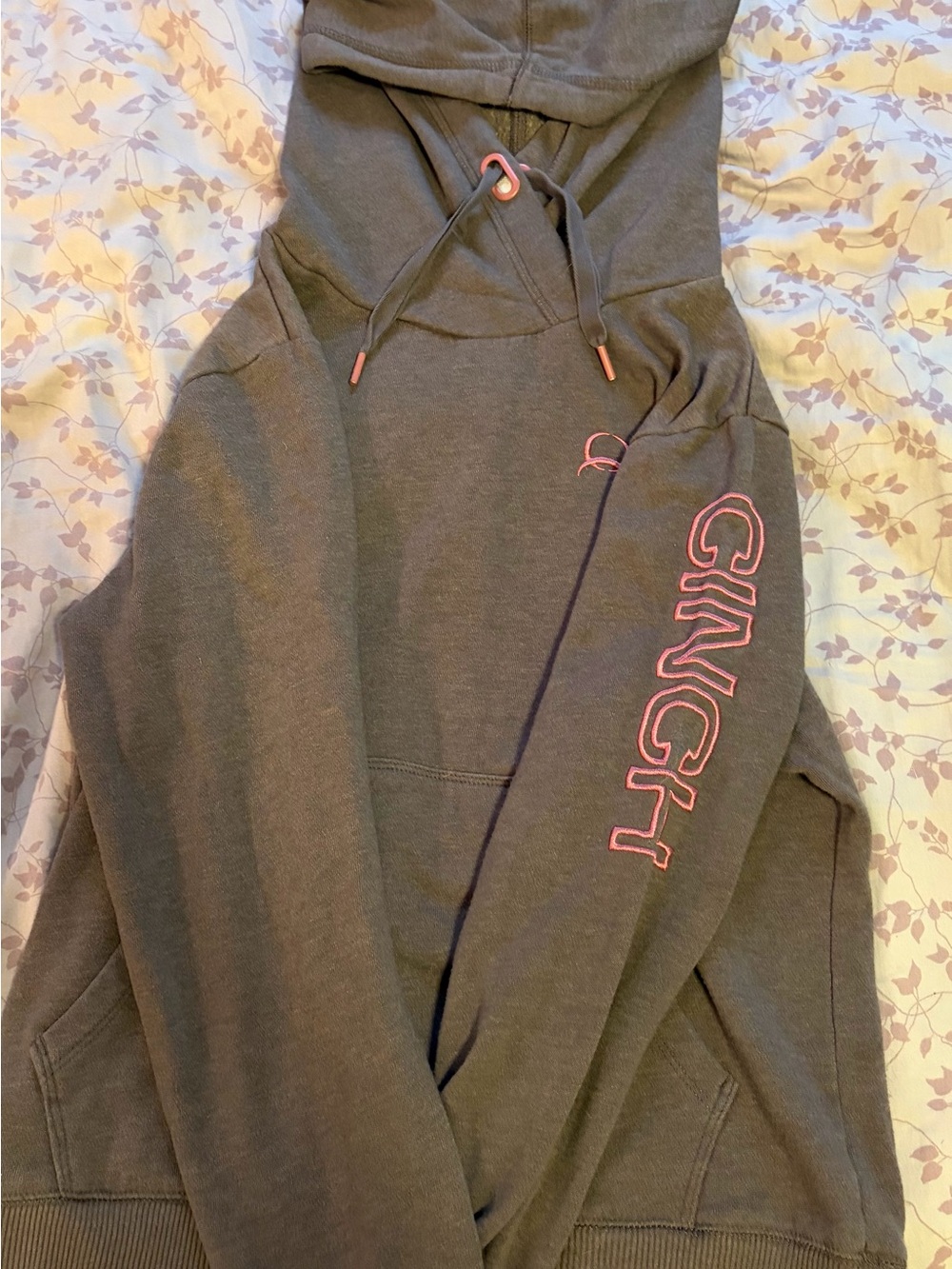 Cinch Women's Gray Hoodie with Pink Logo on sleeve